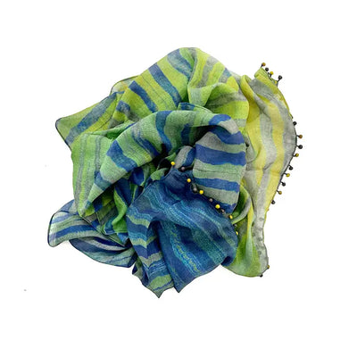 Cotton Silk Scarf, Blues and Pompoms