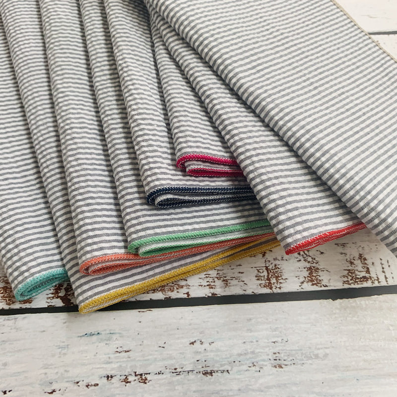 Grey Seersucker Cocktail Napkins with Colorful Edges, set of 8