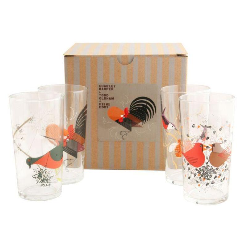 Fishs Eddy, Harper + Oldham Red Birds Glasses Set of 4 AKAR Design