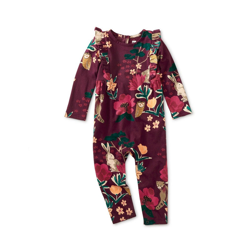 Ruffle Sleeve Baby Romper in Forest Floral in Red