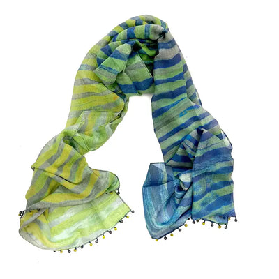 Cotton Silk Scarf, Blues and Pompoms