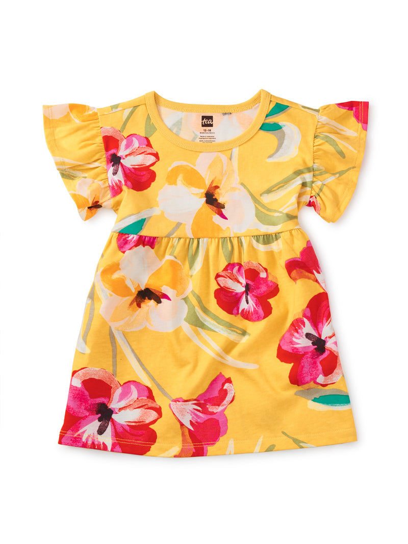 Ruffle Sleeve Baby Dress, Painterly Hibiscus in Yellow