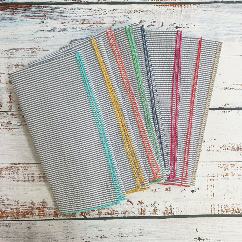 Grey Seersucker Cocktail Napkins with Colorful Edges, set of 8