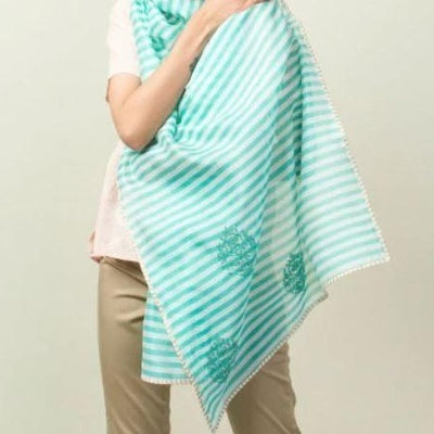 Blue Cotton Silk Chikankari Stole