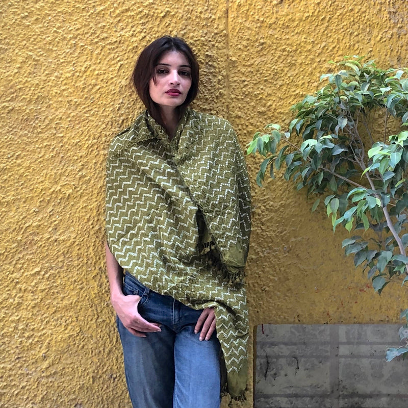 Cotton Scarf, Green Chevron