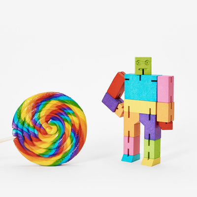 Areaware, cubebot, small, multi colored, movable arms, jointed figure