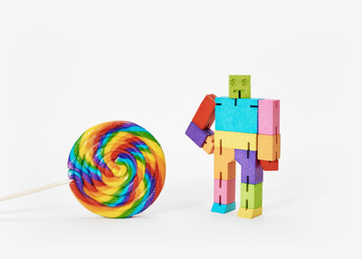 Areaware, cubebot, small, multi colored, movable arms, jointed figure