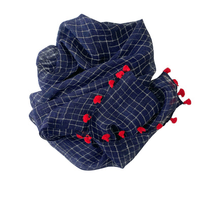 Handwoven Linen Scarf, Blue Grids