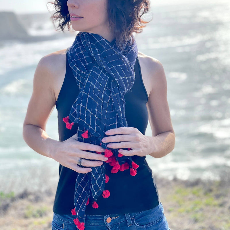 Handwoven Linen Scarf, Blue Grids