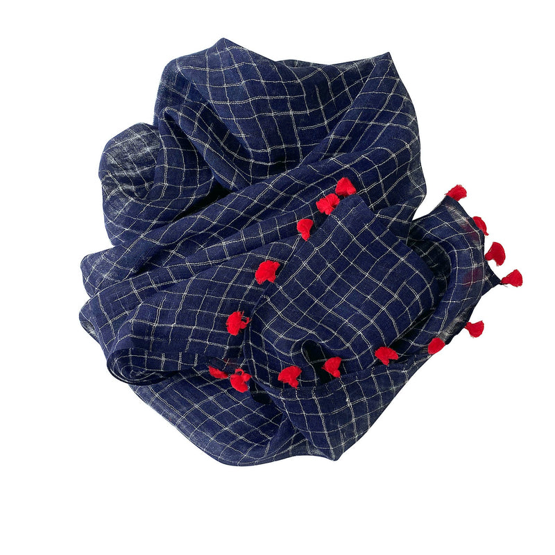 Handwoven Linen Scarf, Blue Grids