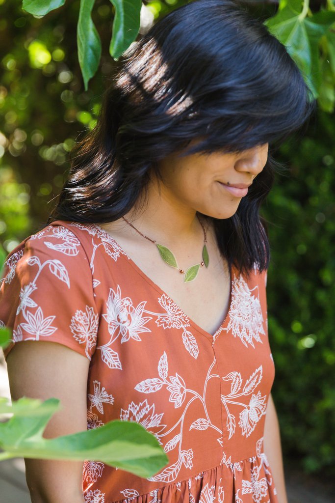 Green Myrtle Leaf & Copper Bead Necklace