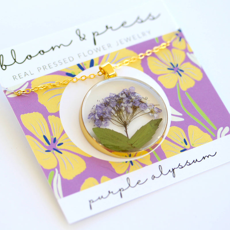 Purple Alyssum Pressed Flower Necklace