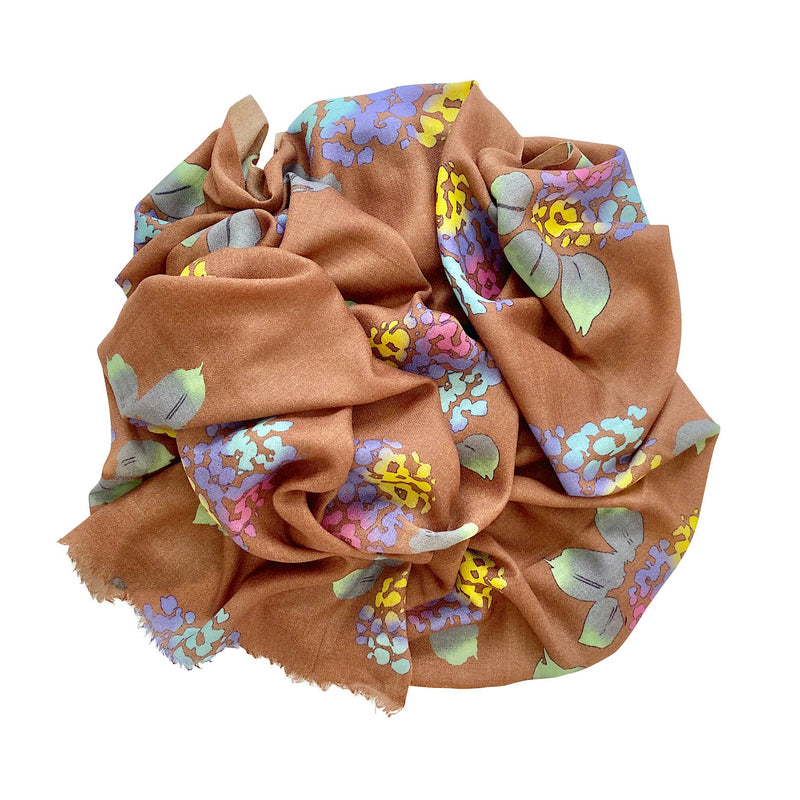 Screen Printed Wool Silk Scarf, Floral Pattern