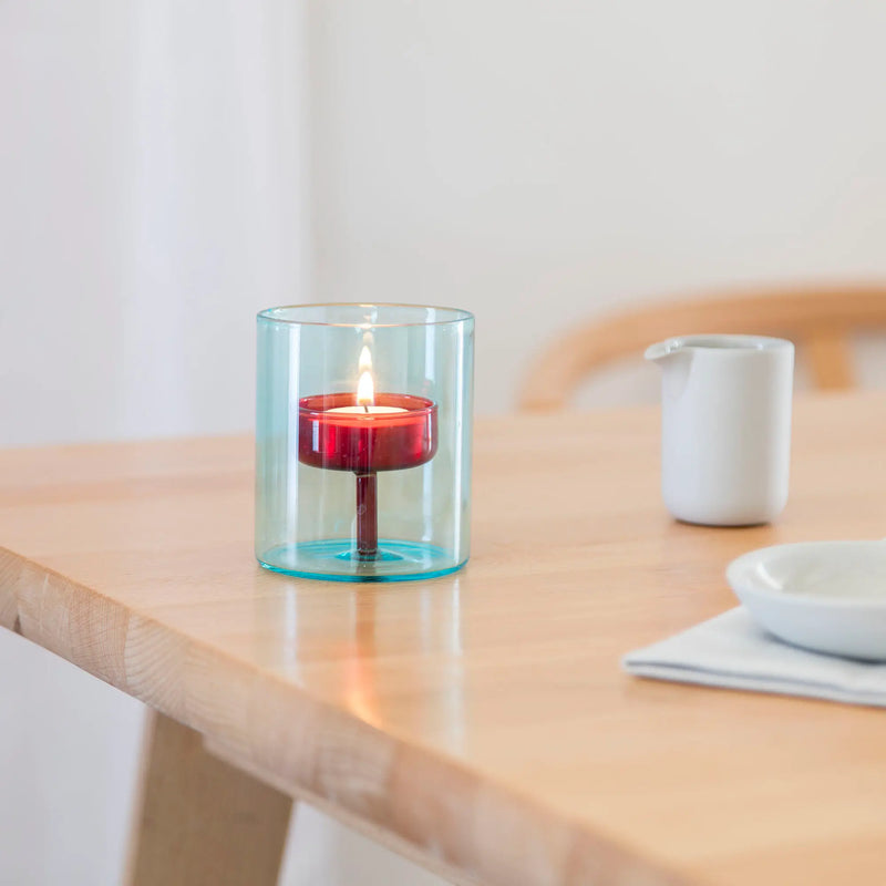 Duo Tone Glass Tea-light Holder, in Red-Blue
