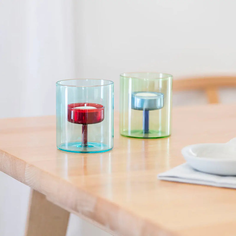 Duo Tone Glass Tea-light Holder, in Red-Blue