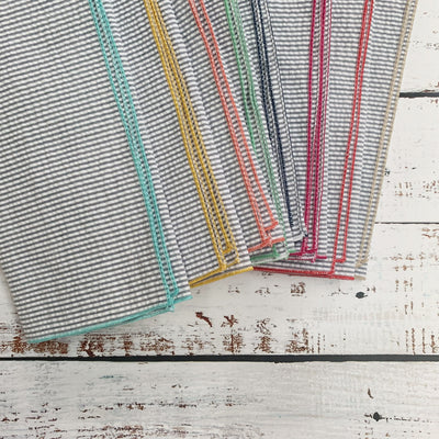 Grey Seersucker Cocktail Napkins with Colorful Edges, set of 8