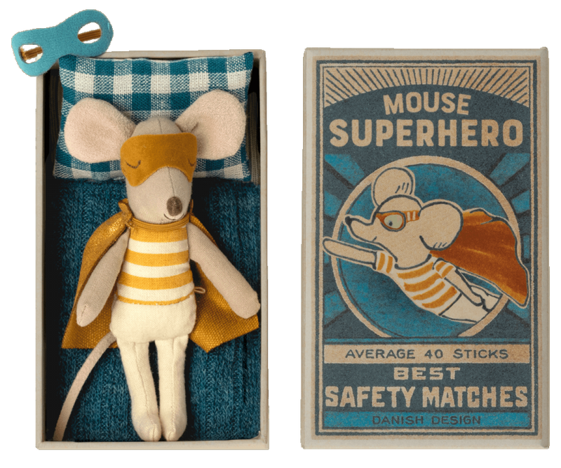 Maileg, Superhero Little Brother Mouse in Matchbox